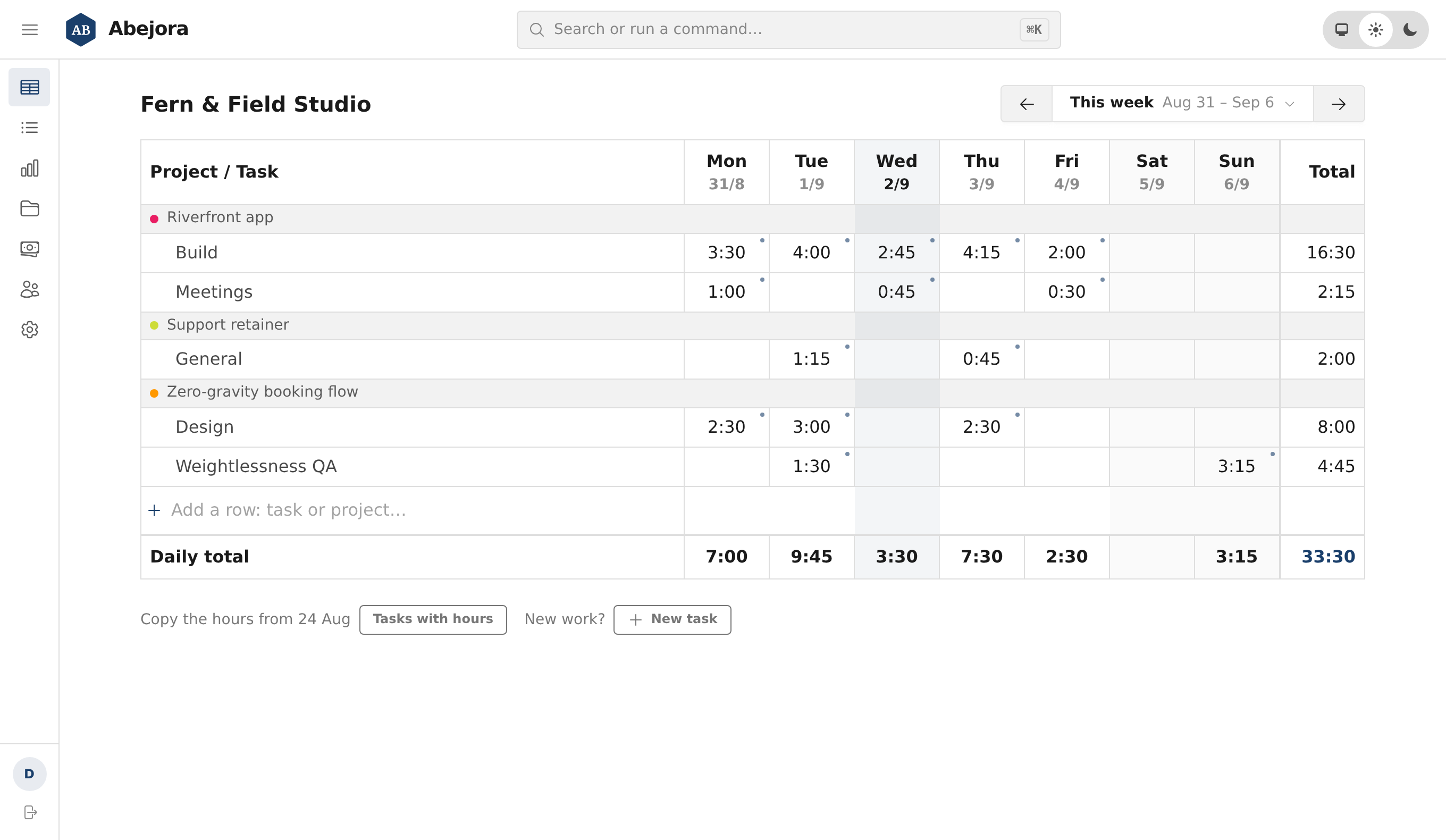 A filled week in Abejora: three projects, durations per day, daily totals, and a 33:30 week total.