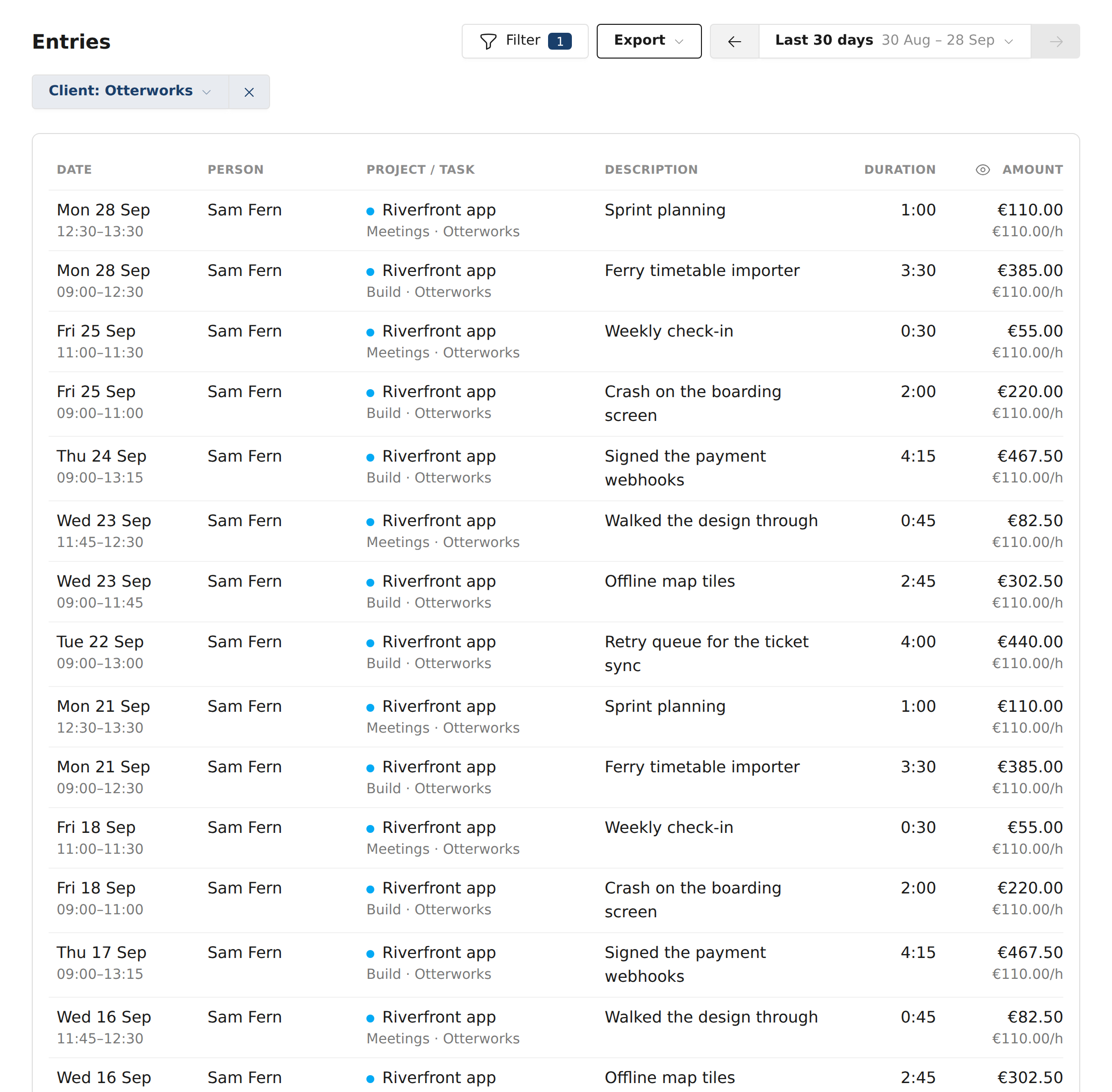The entries of the last 30 days for Otterworks with the date, project and task of each line, what was done and its amount.