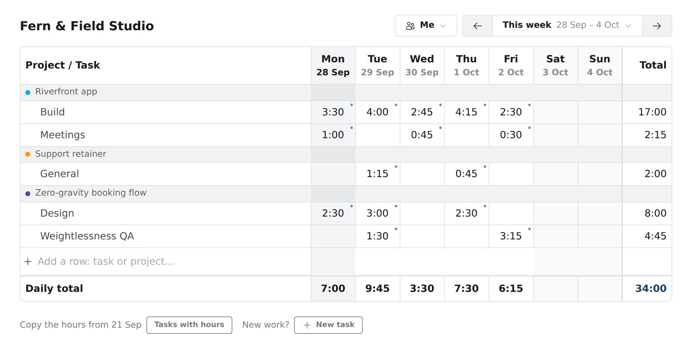 A week in Abejora with three projects and their tasks, showing the hours for each day and the total for the week.