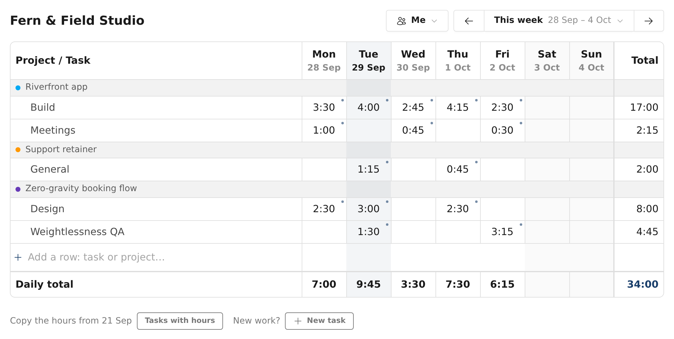 A week filled in with three projects, showing the hours for each day and the total for the week.