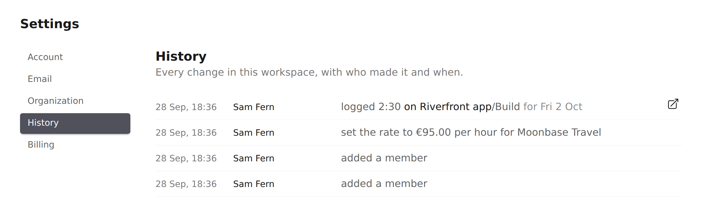 History showing Sam Fern logging hours and setting a rate of €95.00 for Moonbase Travel, with the time of each change.